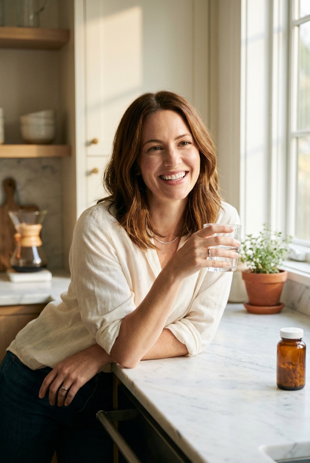 Smiling confident woman at a sunlit kitchen counter holding a glass of water, radiant morning routine
