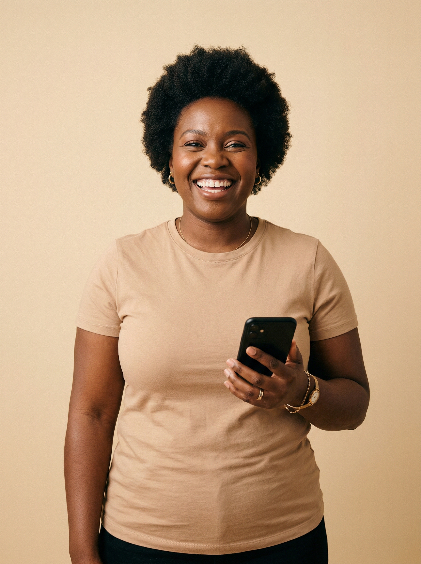 Happy woman using Kind MD on her phone