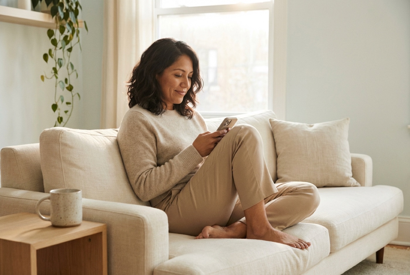Woman taking the KindMD 2-minute quiz on her phone at home