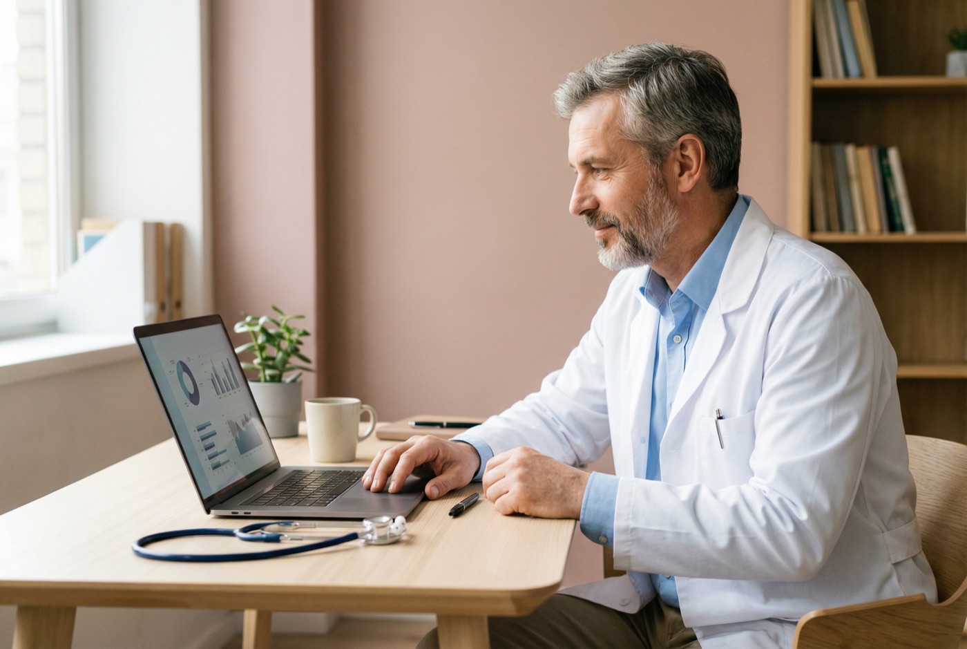 Licensed U.S. physician reviewing a KindMD patient case at a desk