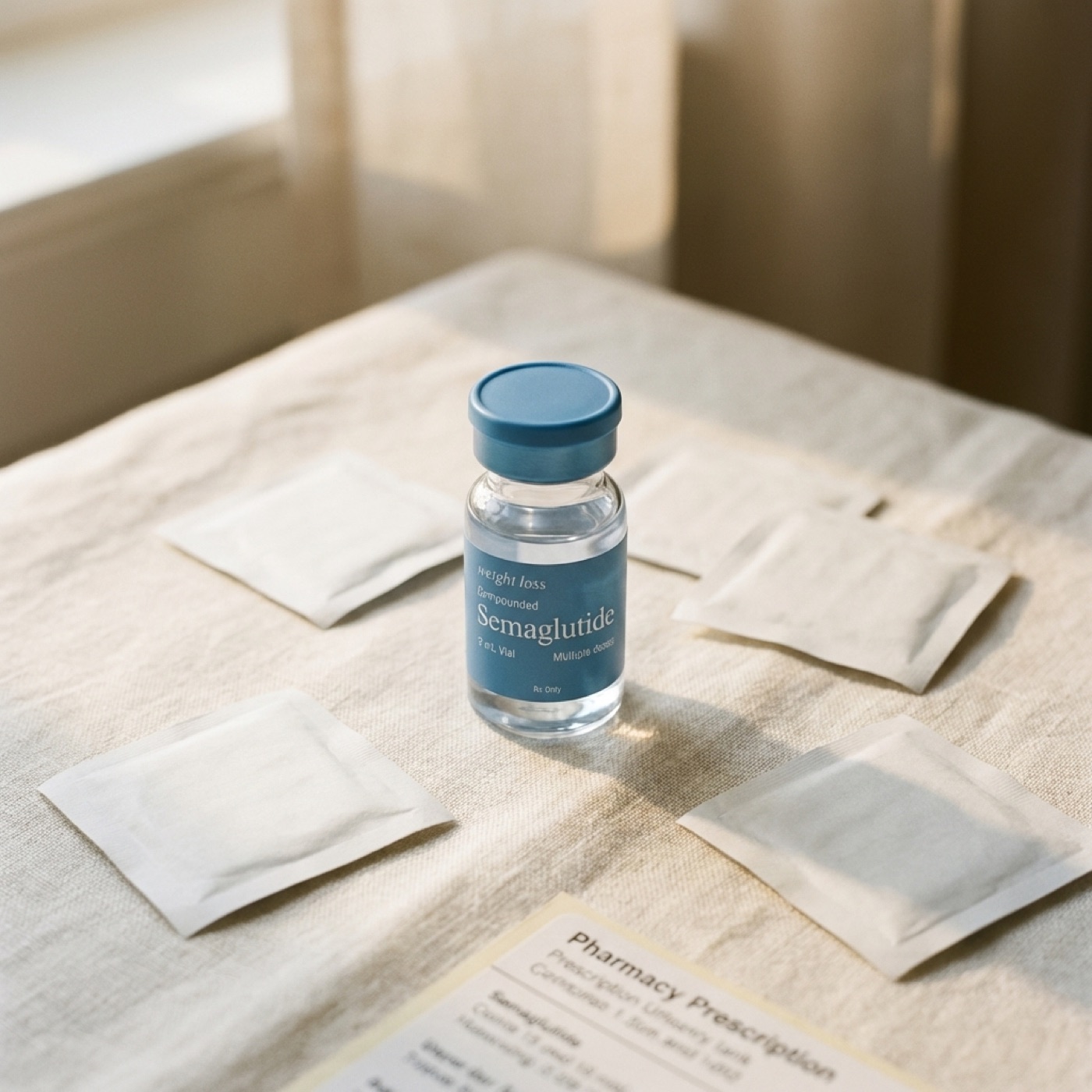 Compounded Semaglutide vial on cream linen with alcohol prep pads