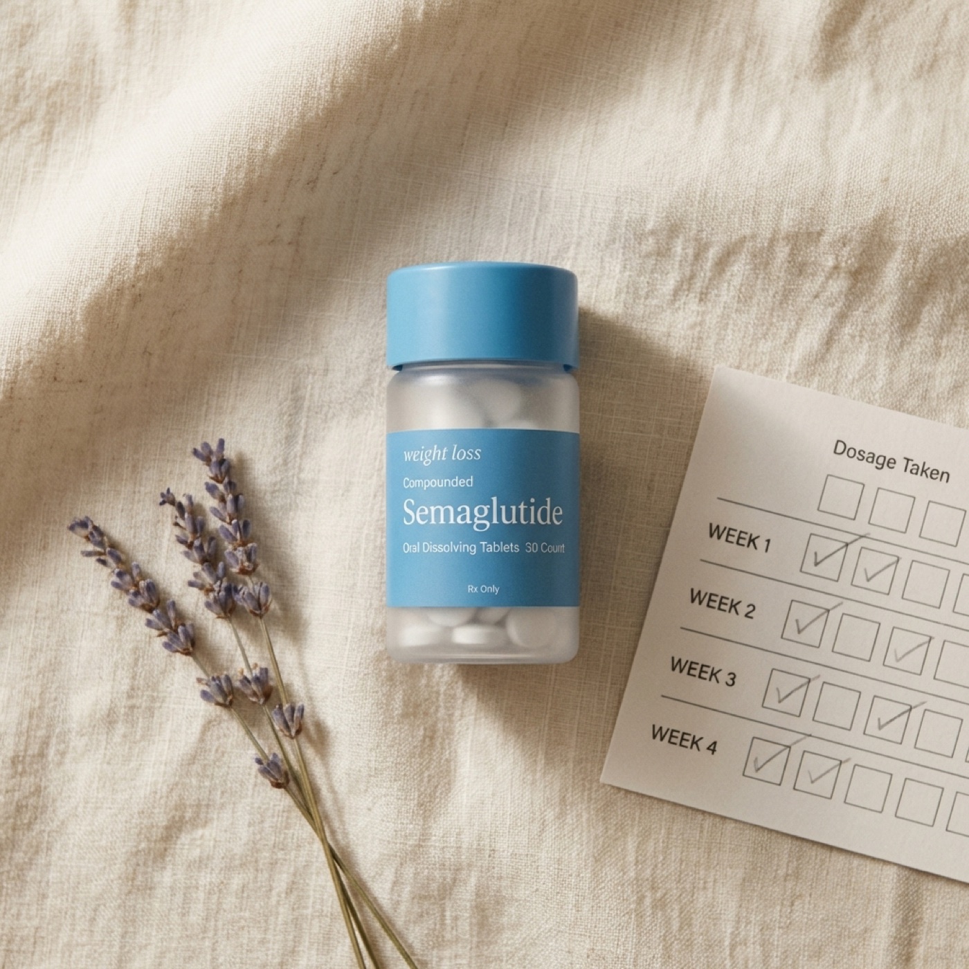 KindMD tablet bottle on cream linen next to a simple printed dosing tracker card