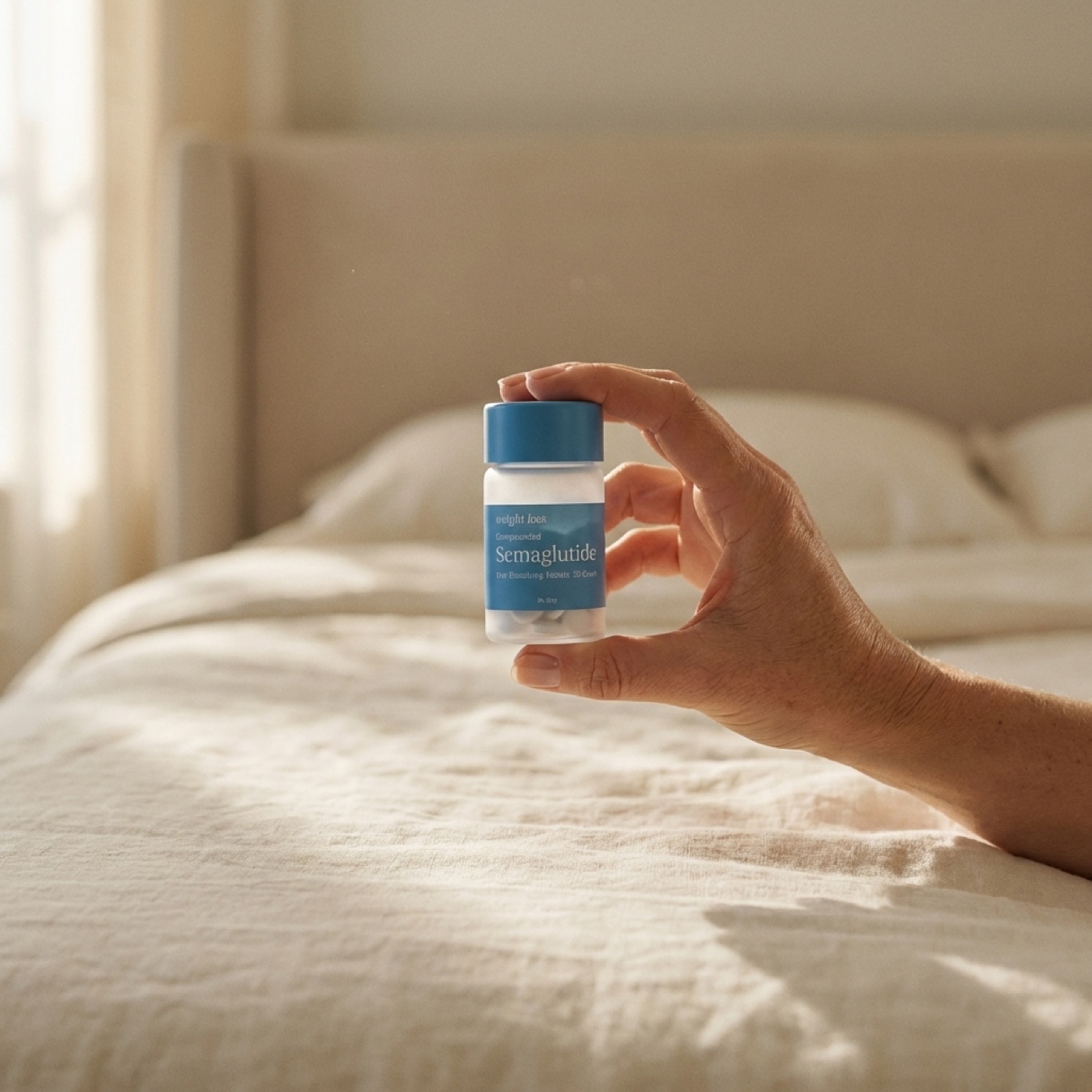 Hand holding KindMD compounded GLP-1 tablet bottle in warm morning light