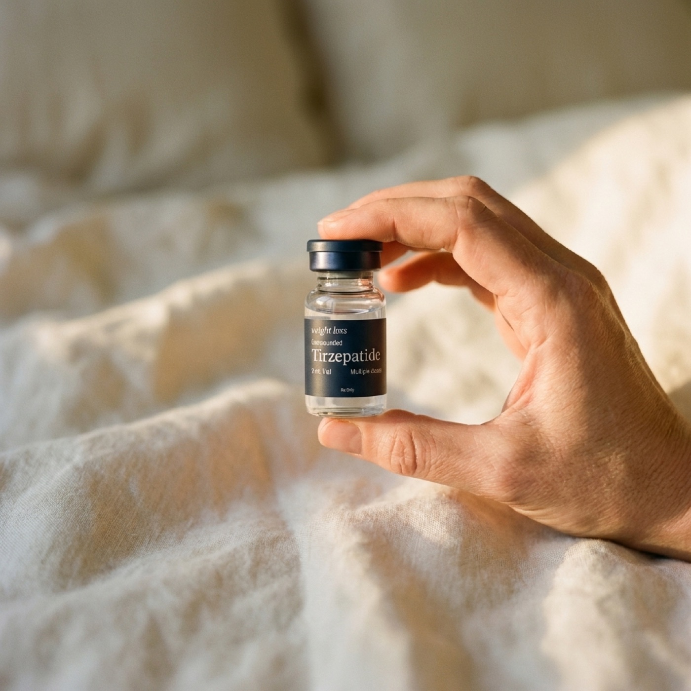 Hand holding KindMD Compounded Tirzepatide vial in warm morning light