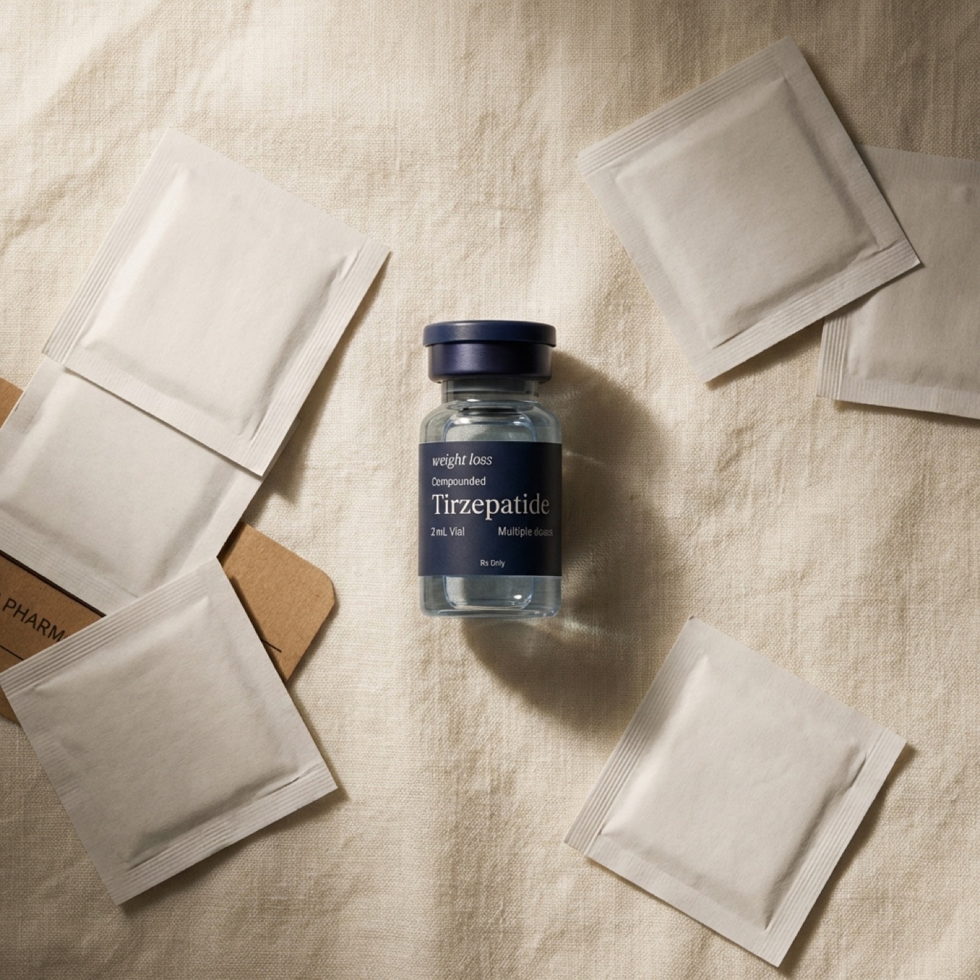 Compounded Tirzepatide vial on cream linen with alcohol prep pads