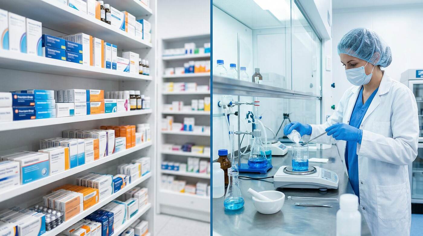 Side-by-side comparison of compounded semaglutide vial and Ozempic auto-injector pen