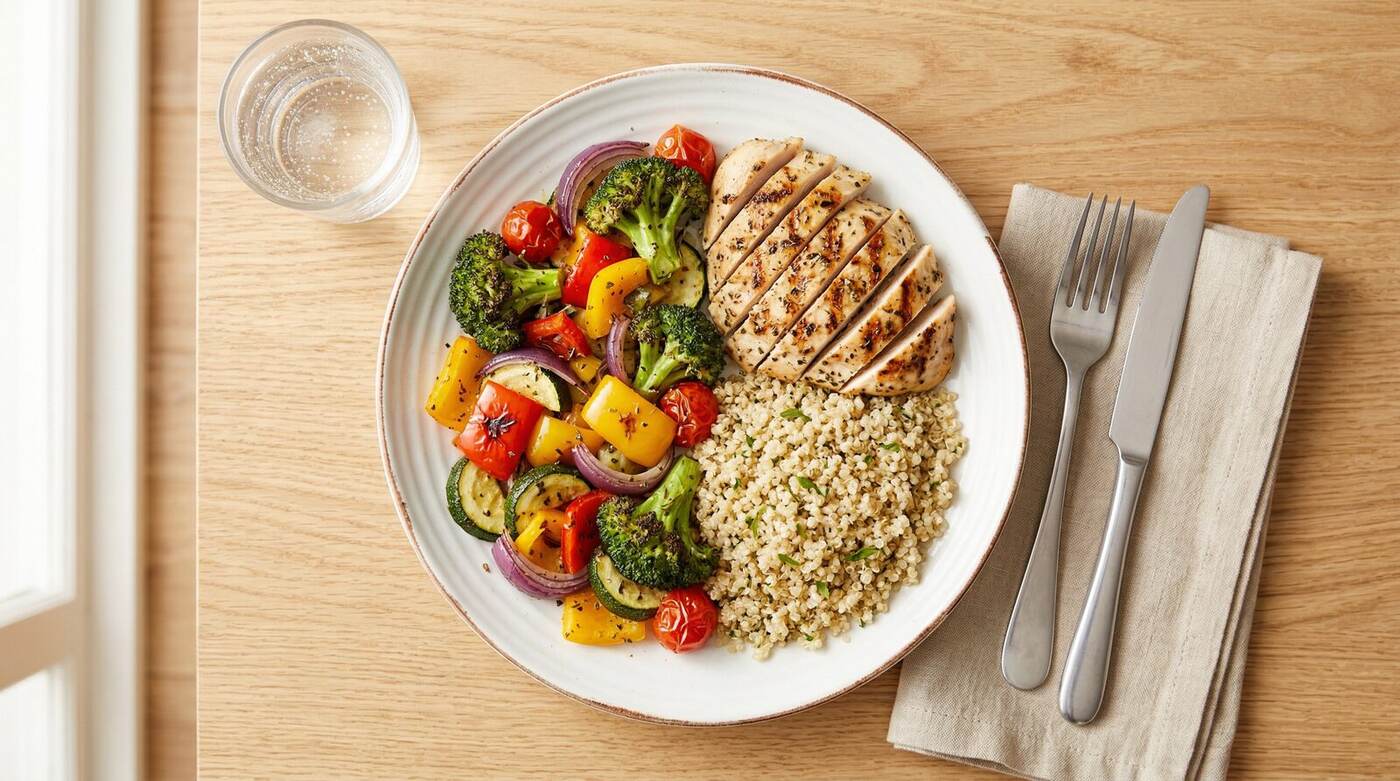 Balanced meal plate with protein vegetables and complex carbohydrates