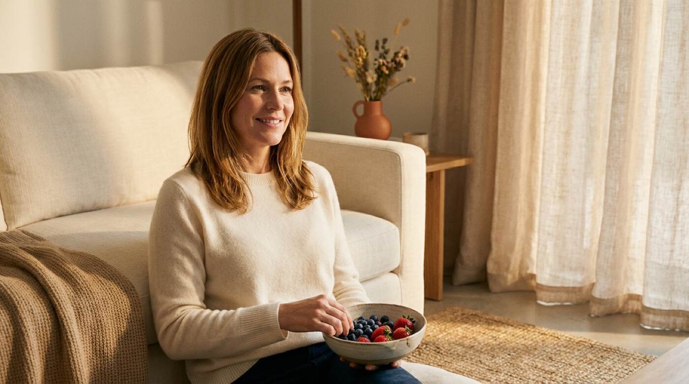 Woman relaxed on a linen sofa with a small bowl of berries, peaceful and content after a satisfying meal
