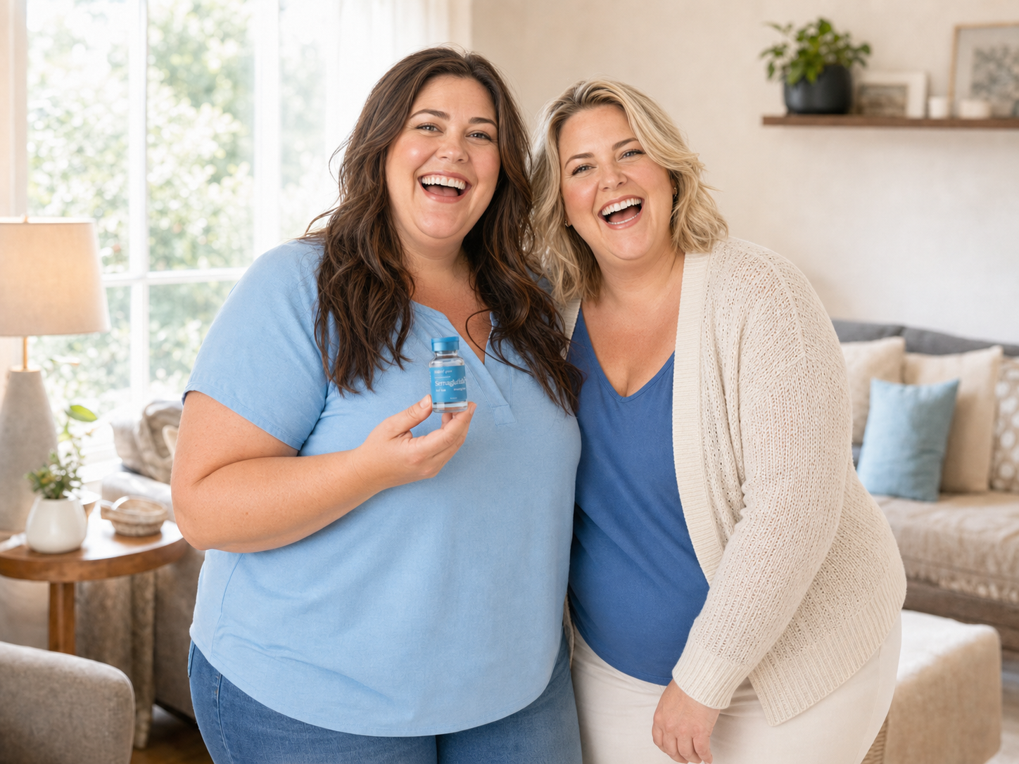Two smiling women in a bright living room, the woman on the left holding a blue medication vial.