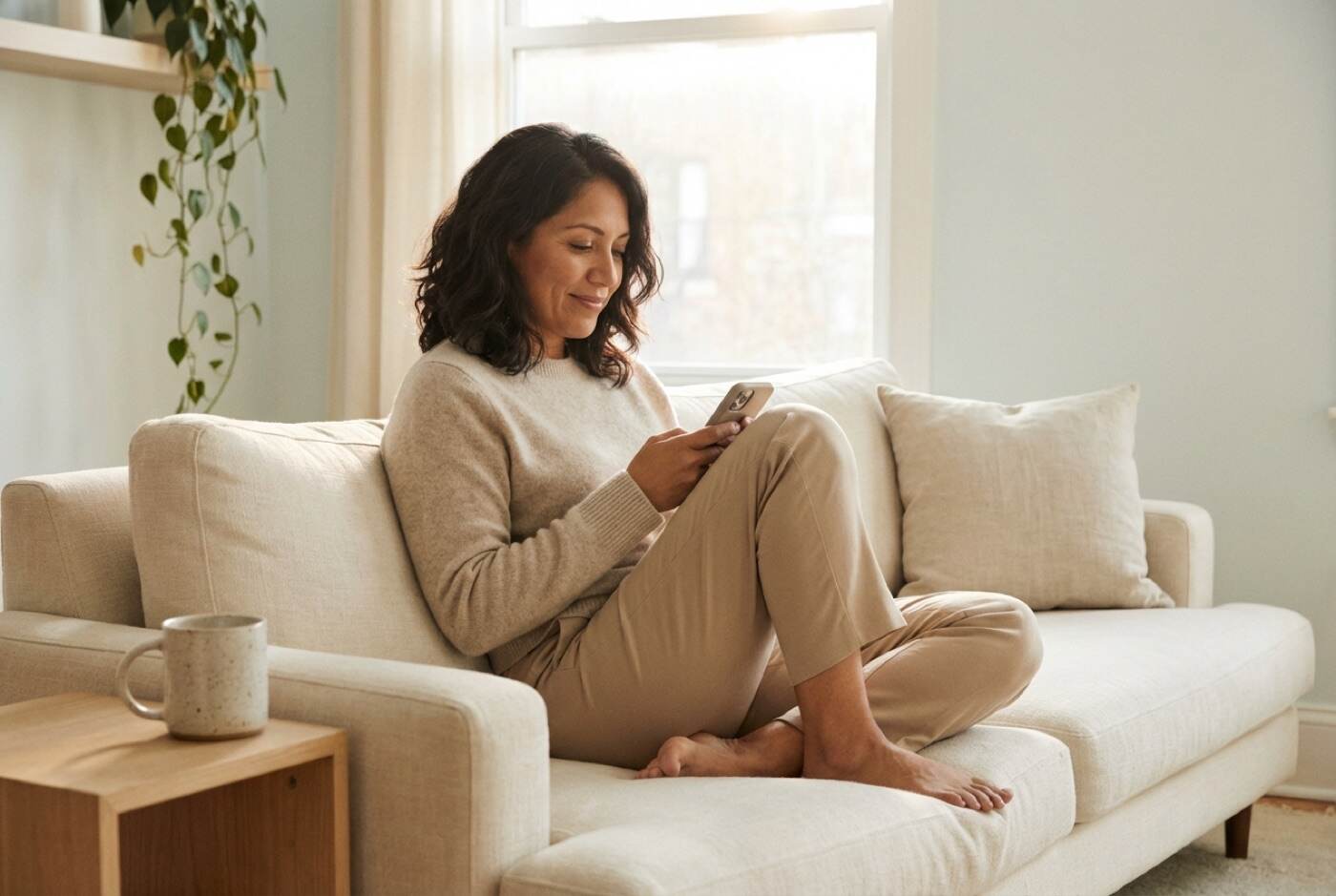 Woman taking the KindMD 2-minute quiz on her phone at home