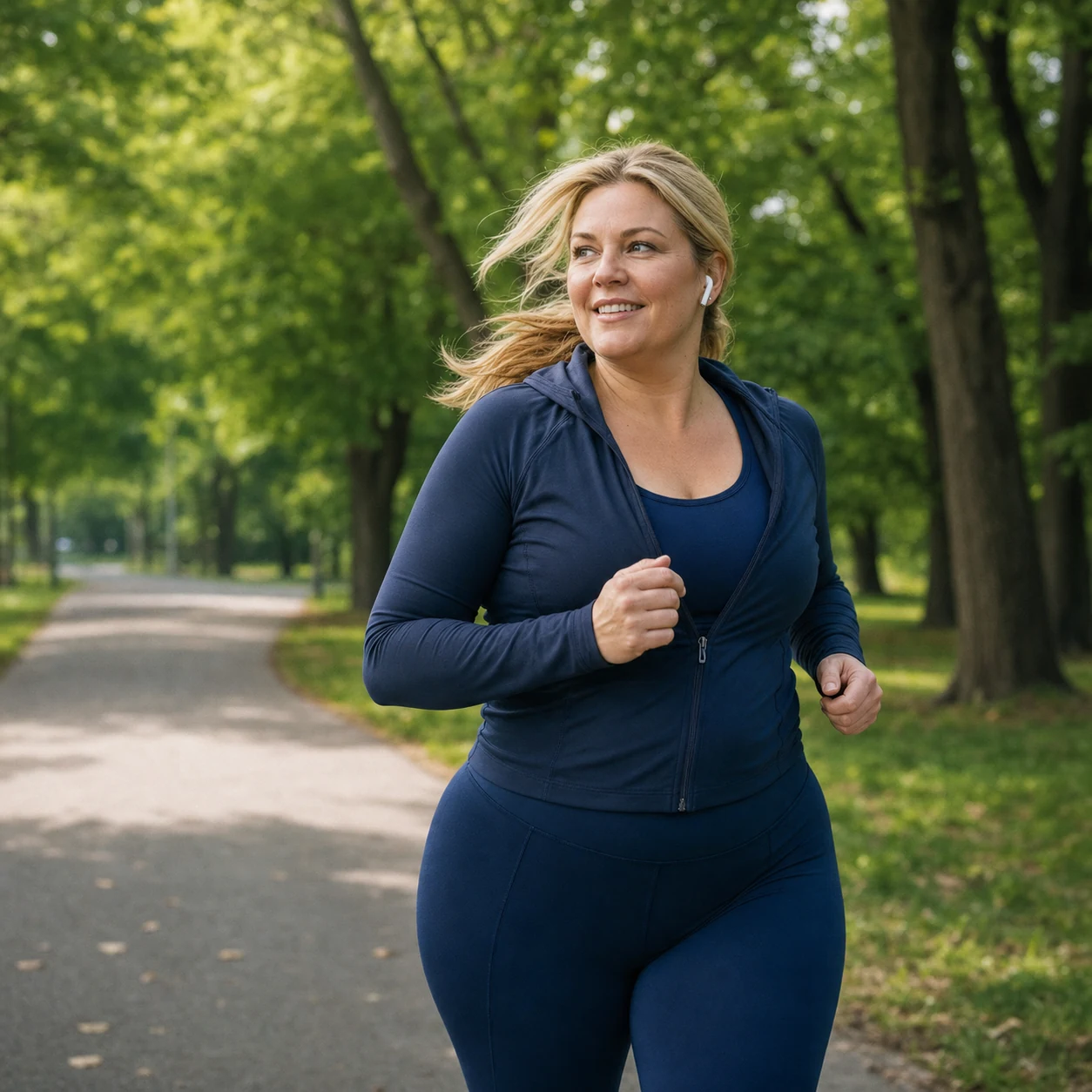 Curvy blonde woman jogging through a green park with wireless earbuds