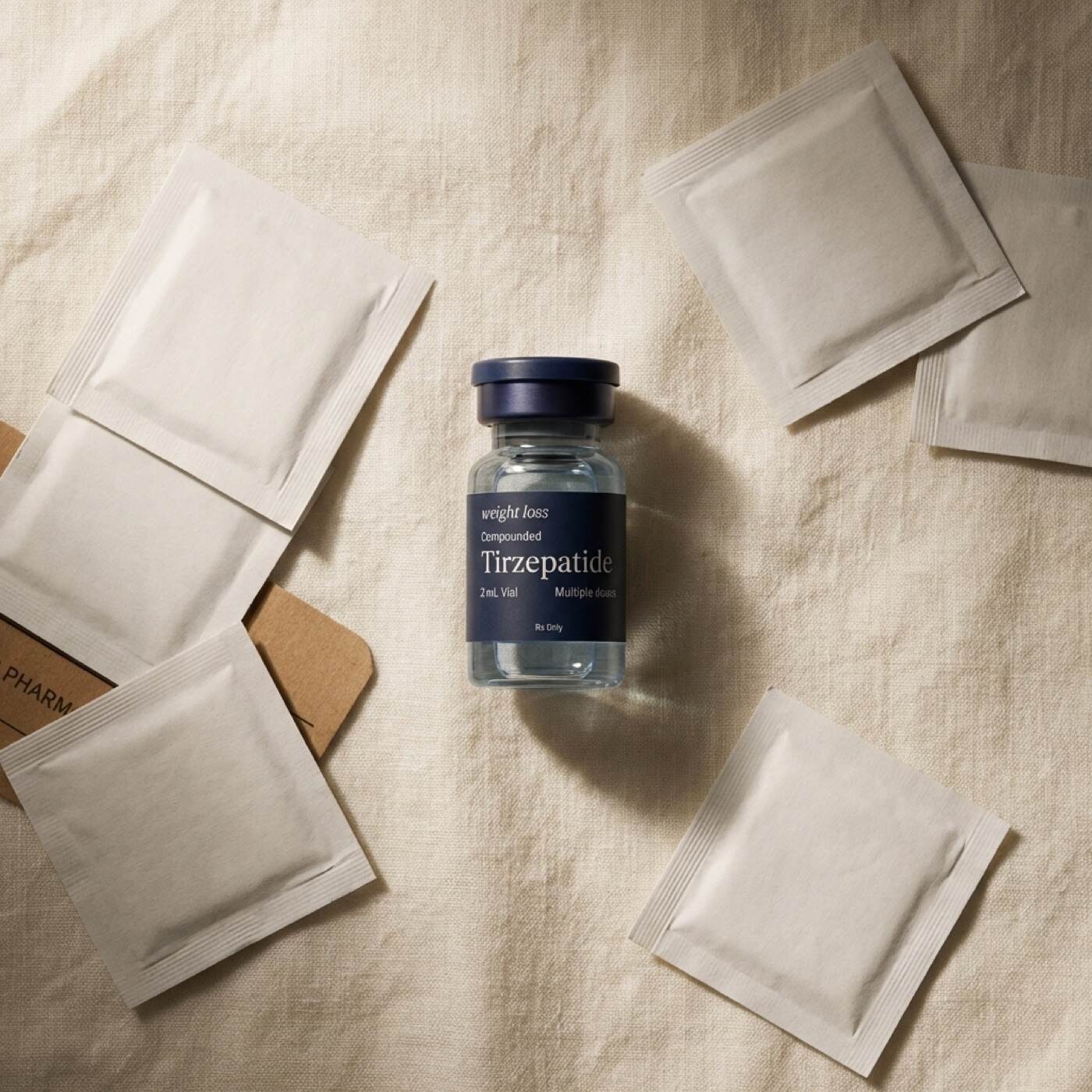 Compounded Tirzepatide vial on cream linen with alcohol prep pads
